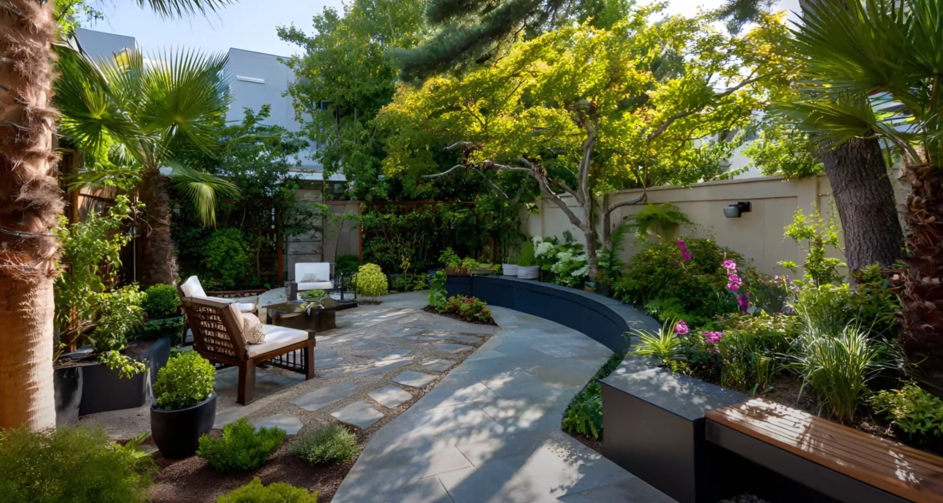 Modern outdoor living space design featuring curved seating areas and tropical landscaping Contemporary backyard oasis with curved seating area and tropical plants in Channelview, TX